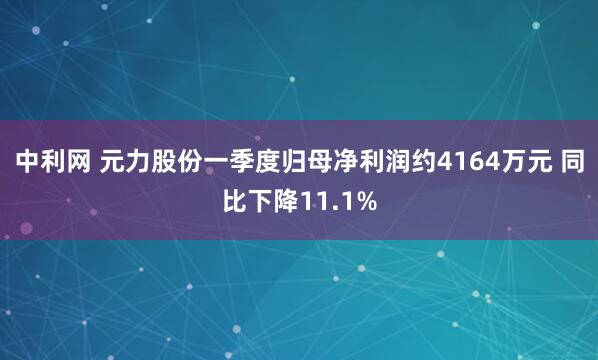 中利网 元力股份一季度归母净利润约4164万元 同比下降11.1%
